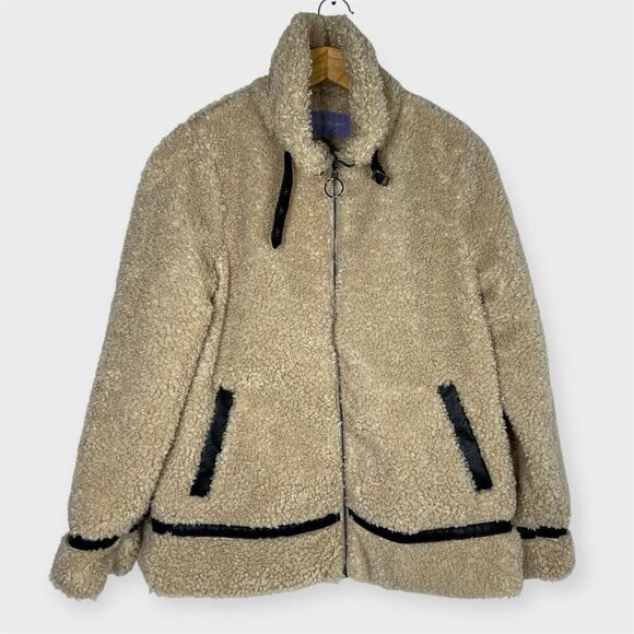 Madden Girl Teddy Jacket Womens Medium Tan Sherpa Faux Leather Trim Buckle Fur - Picture 2 of 13